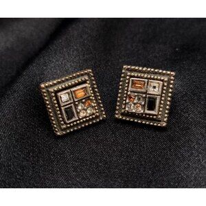 PATRICIA LOCKE Square Stud Earrings With Multicolor Crystals & Antique Finish Ge